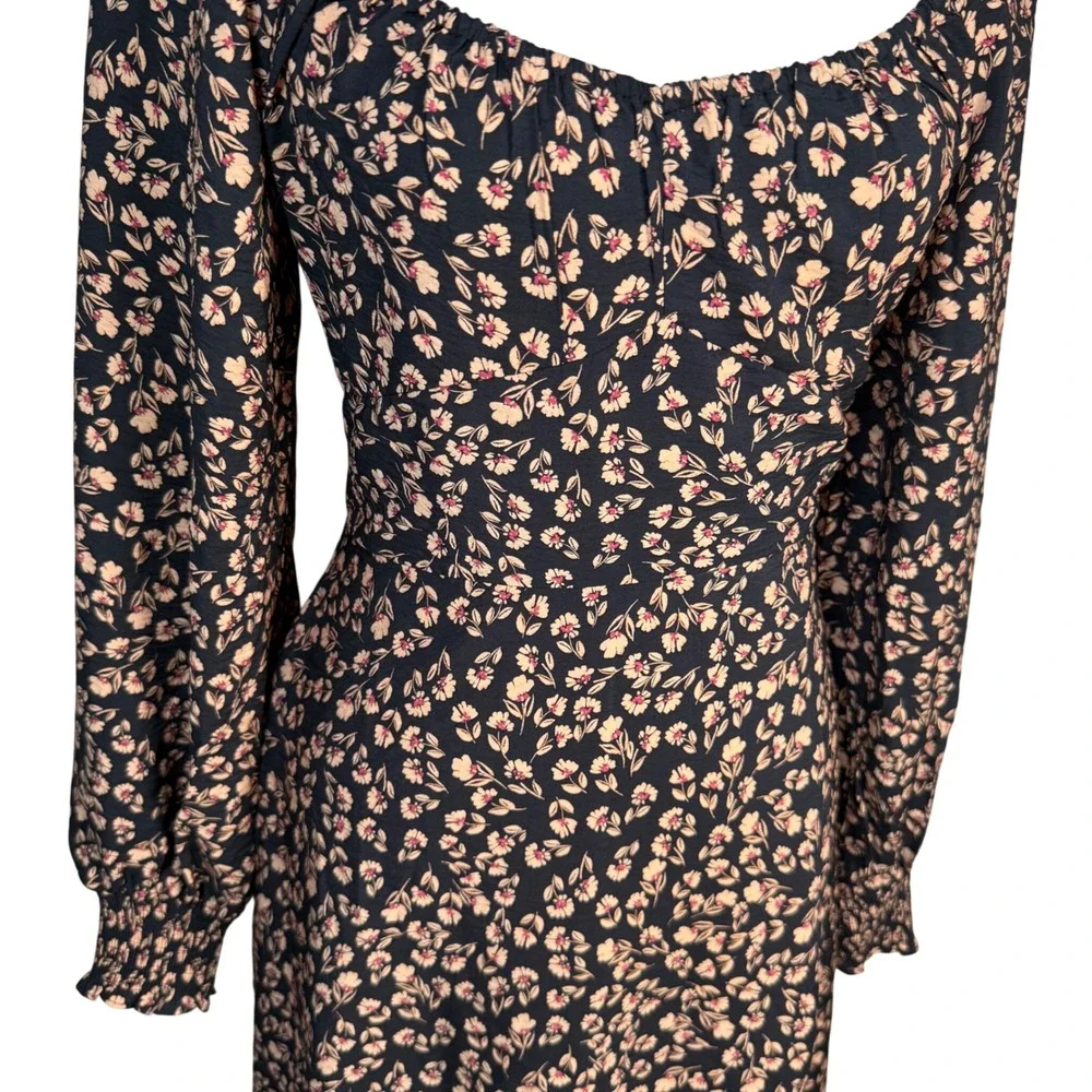 a.n.a Floral Sweetheart Midi Dress Pockets Smocked Balloon Sleeve M Boho Retro - Picture 6 of 16
